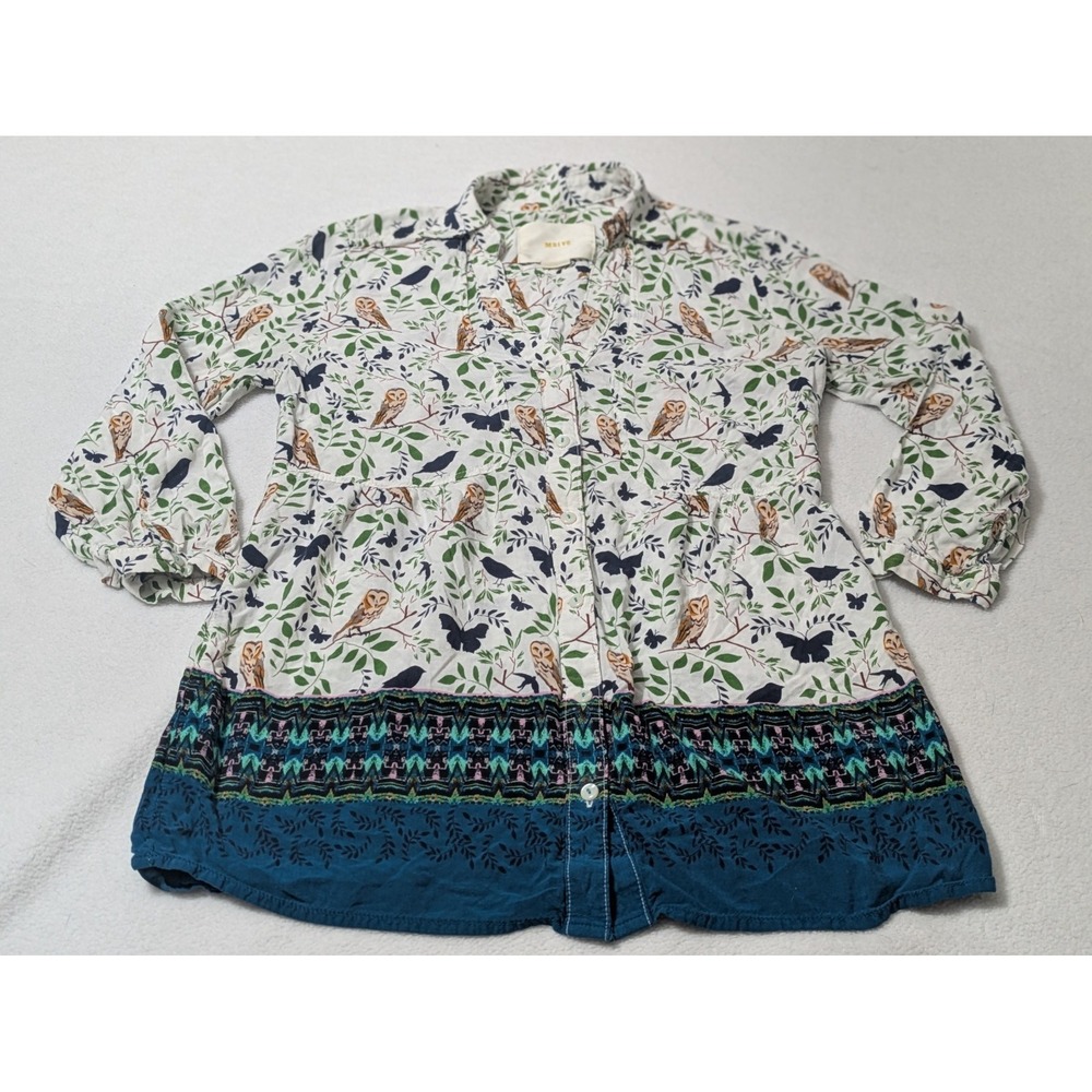 Anthropologie Maeve shirt women sz 0 Small Woodland owl leaves print blouse top